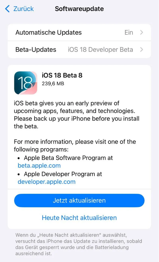 竞秀苹果手机维修分享苹果 iOS / iPadOS 18 开发者预览版 Beta 8 发布 